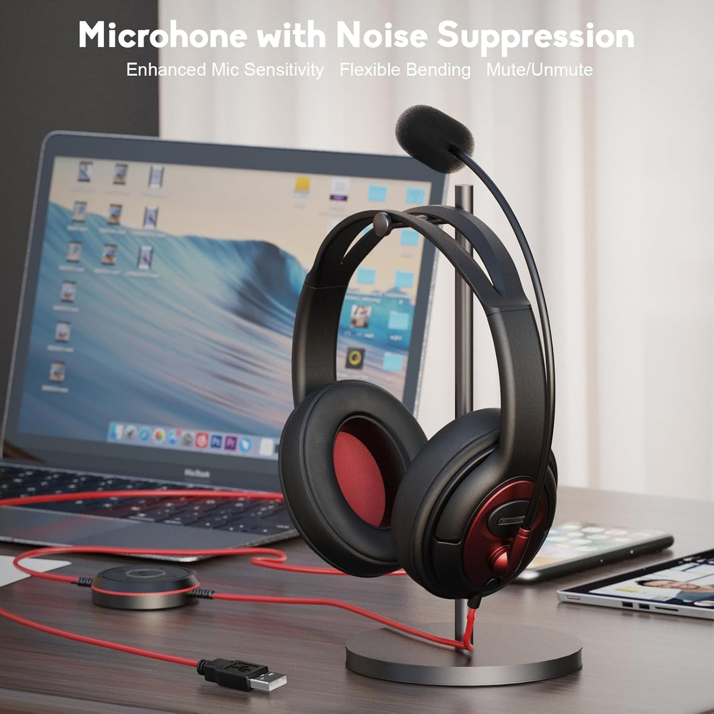 MAIRDI USB Headset with Microphone, Wired PC Headset, USB-A & USB-C Computer Headset with Mic Noise Canceling for Laptop Teams Office Work CallCenter Business Dragon Naturelly Speaking