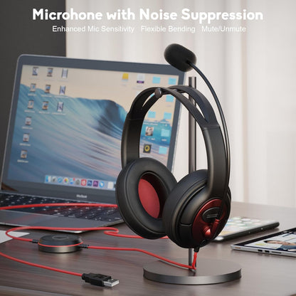 MAIRDI USB Headset with Microphone, Wired PC Headset, USB-A & USB-C Computer Headset with Mic Noise Canceling for Laptop Teams Office Work CallCenter Business Dragon Naturelly Speaking