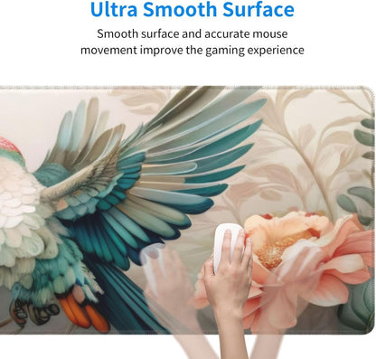 Gaming Mouse Pad, Large Non-Slip Rubber Base Mousepad, Keyboard Mouse Mat, Desk Pad with Stitched Edges, 31.5x11.8inch, Art Bird Flower