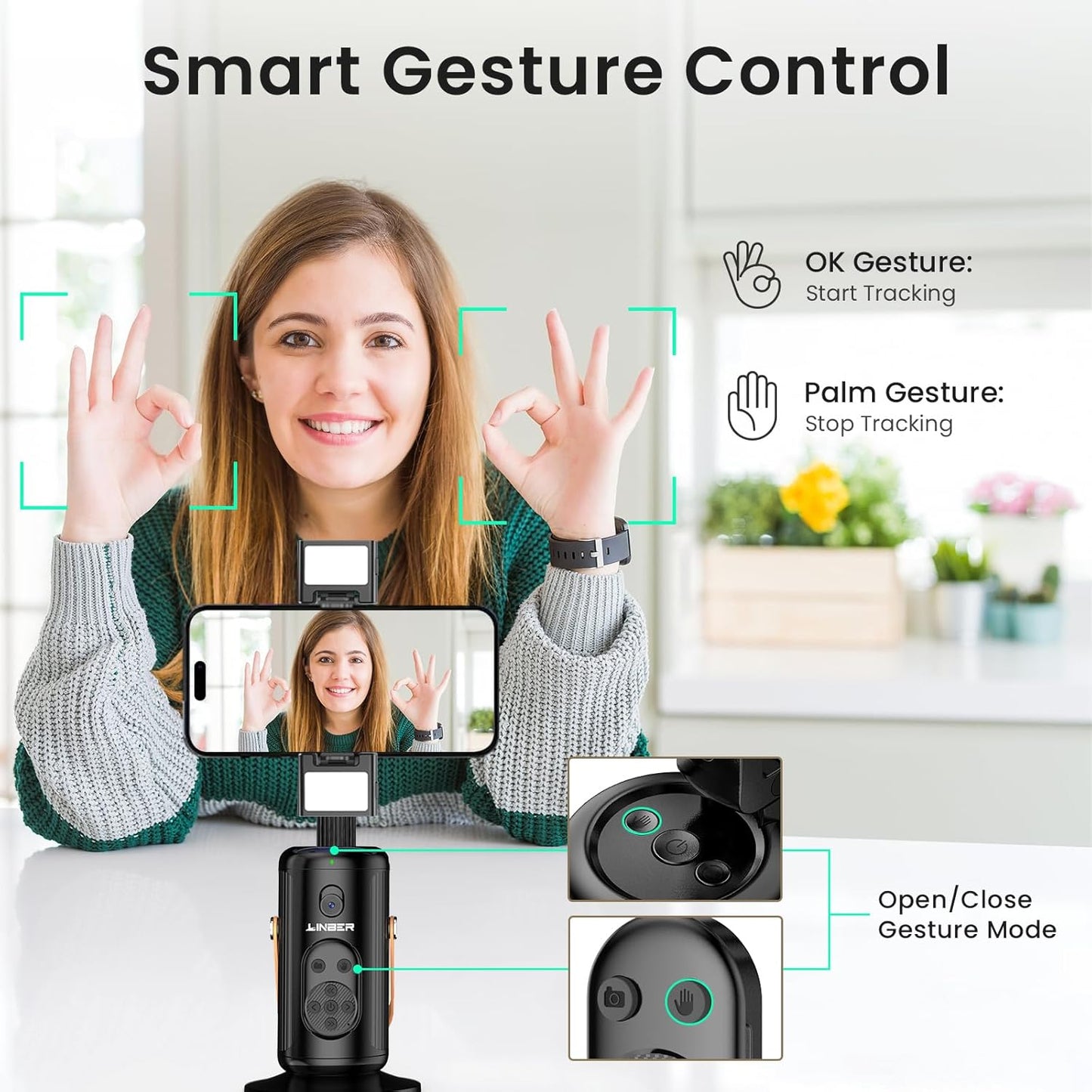 P08 Auto Face Tracking Phone Holder, No APP, 360°Rotation Phone Tracking Gimbal with Detachable Remote & 2 Fill Light, Phone Stand Gesture Control for Vlogging, Live Streaming, Video Recording