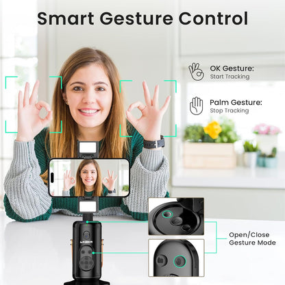P08 Auto Face Tracking Phone Holder, No APP, 360°Rotation Phone Tracking Gimbal with Detachable Remote & 2 Fill Light, Phone Stand Gesture Control for Vlogging, Live Streaming, Video Recording