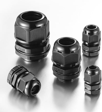 10 PCS 3/8"(5-10mm) NPT Nylon Cable Gland Joints with Gaskets, IP68 Adjustable Lock Nut Strain Relief Cord Grip Waterproof Cable Glands - UL Listed and RoHS Compliant