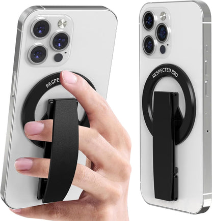 Magnetic-Phone-Grip-Stand, Magnetic Phone Ring Holder Kickstand with Silicone Finger Strap, Compatibility for iPhones, Androids, and More (Black)