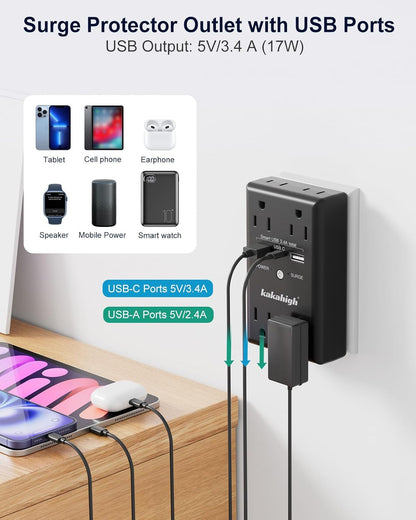 Black Wall Power Strip, 8 Way Outlets with 1680J Surge Protected, Multi Plug Wall Outlet with USB Ports, LED Indicator, 1875W Wall Mounted Surge Protectors for Dorm Room Office Kitchen