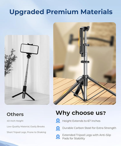67‘’ Selfie Stick Travel Tripod, Extendable Tripod for iPhone with Wireless Remote Control and Phone Holder, iPhone Stand for Photograph, Compatible with All Cell Phones, Black