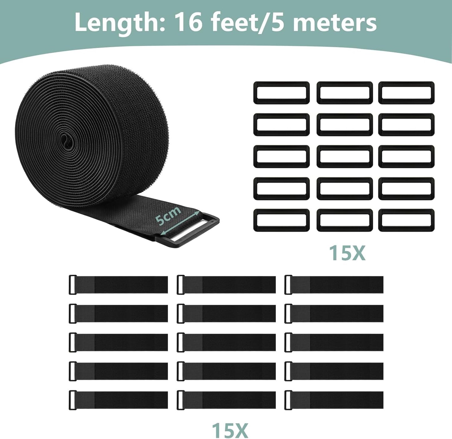 2In x 16Ft Cable Straps Heavy Duty With 15 Buckles, Black Hook and Loop Straps, Reusable Cable Ties for Organizer or Storage