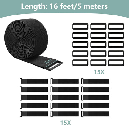 2In x 16Ft Cable Straps Heavy Duty With 15 Buckles, Black Hook and Loop Straps, Reusable Cable Ties for Organizer or Storage