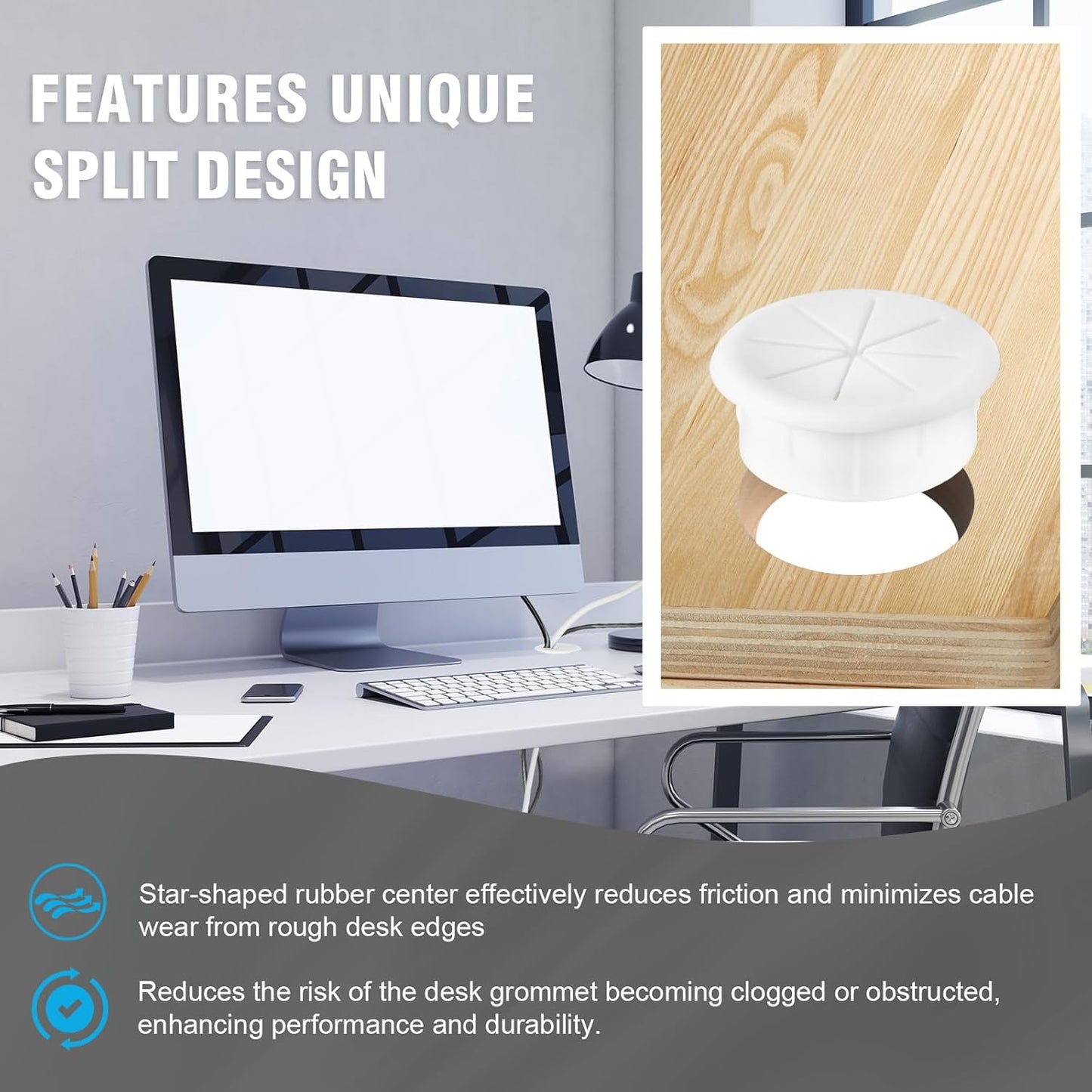 2" White Desk Grommet, JTemgle Flexible Cable Grommet Rubber Cable Hole Cover Wire Organizer Caps Desktop Cord Management for Home Office TV Stands Tabletops, 2 Pieces