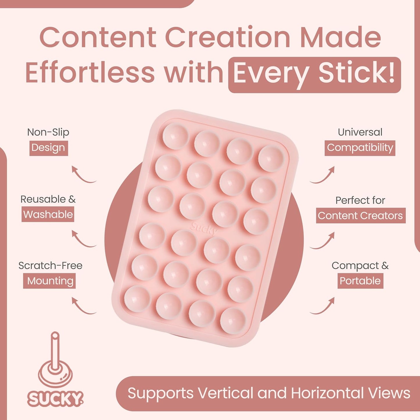 SUCKY Silicone Suction Phone Case Adhesive Octo Cup Buddy Mount - Anti-Slip Holder, Hands-Free Phone Accessory for iPhone and Android - Sticky Grip for Selfies, Videos - Chalk Pink