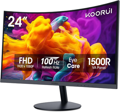 KOORUI 24 inch Curved Monitor, Full HD 1080P Curved Computer Monitor, 100Hz 1500R PC Screen, HDMI VGA, Tilt Adjustment, LCD Display, Eye Care, Black 24N5CA