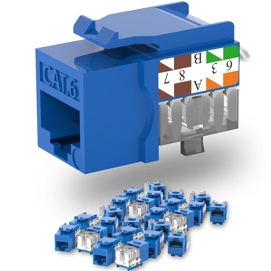 Keystone Jack Cat6 Slim 25 Pack, Keystone Jacks 90 Degree, RJ45 Keystone Jack Punch Down Blue, Cat6 Jack compatiable for Network WallPlate or Patch Panels