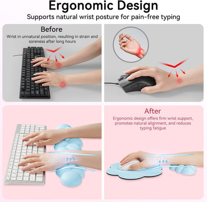 Cloud Wrist Rest for Computer Keyboard, 4-in-1 Memory Foam Leather Cloud Keyboard Wrist Rest and Mouse Pad Set with Ergonomic Support for Arm and Palm Cushion, Gaming/Work Setup, Blue