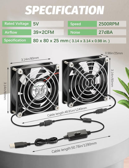 80mm x 25mm USB Fan 2 Packs 5V Small Computer Case Fan with Speed Control for CPU Xbox PlayStation Router Entertainment Cabinet 3D Printer