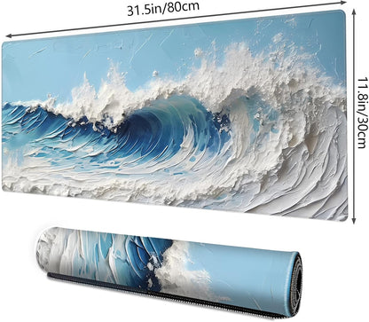 Galdas Gaming Mouse Pad XXL XL Large Long Extended Big Mousepad Non-Slip Rubber Keyboard Desk Pad with Stitched Edges for Laptop Home Office (31.5x11.8x0.08 Inch) … (Painting Waves)