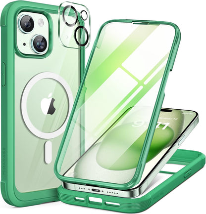 Miracase Magnetic for iPhone 15 Plus Case 6.7'' [Compatible with Magsafe] Full-Body Military Drop Proof 15 Plus Phone Case Cover with Built-in 9H Tempered Glass Screen Protector,Magnetic Green