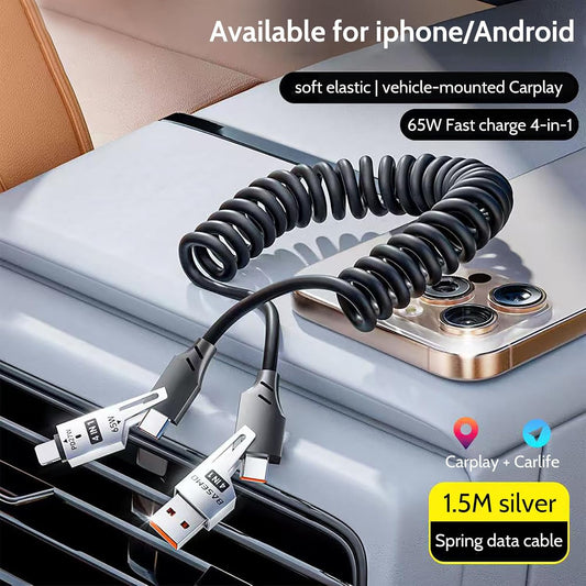 65W 4-in-1 Retractable Fast Charging Cable, 2M/6.5ft Spring Coiled USB-C to L/USB-C/USB-A Multi-Device Cord for iPhone 15/14/13, iPad, Samsung, MacBook, Laptop, Car, Tablet (2)