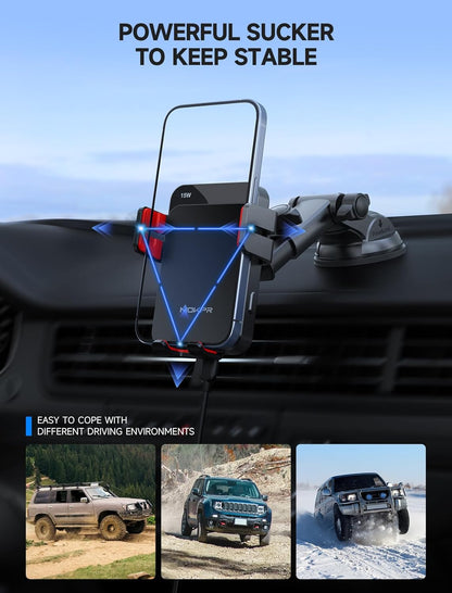 MOKPR Wireless Car Charger, 15W Auto Clamping Car Charger Dash Windshield Air Vent Phone Holder Compatible with iPhone 16 15 14/13/13 Pro/12 pro/12/11/X/8, Samsung S24/S23/S22, red