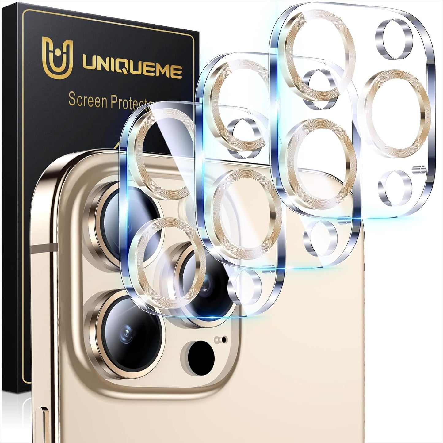 UniqueMe for 3 Pack iPhone 16 Pro/iPhone 16 Pro Max Camera Lens Protector - [Drop Protection] [Case Friendly] 9H Tempered Glass Camera Cover Screen [Update New Version] - Gold