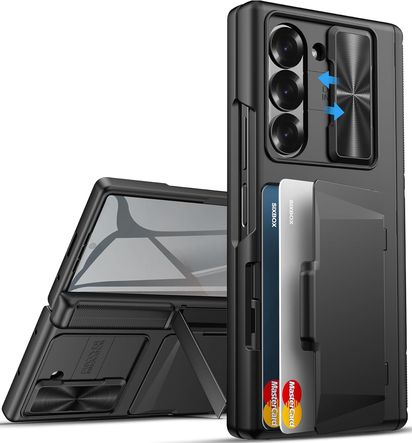 for Galaxy Z Fold 6 Case with Card Holder & Kickstand & Hinge Protection & Sliding Lens Cover, Built-in Screen Protector, Rugged Wallet Phone Case for Samsung Z Fold6, Black