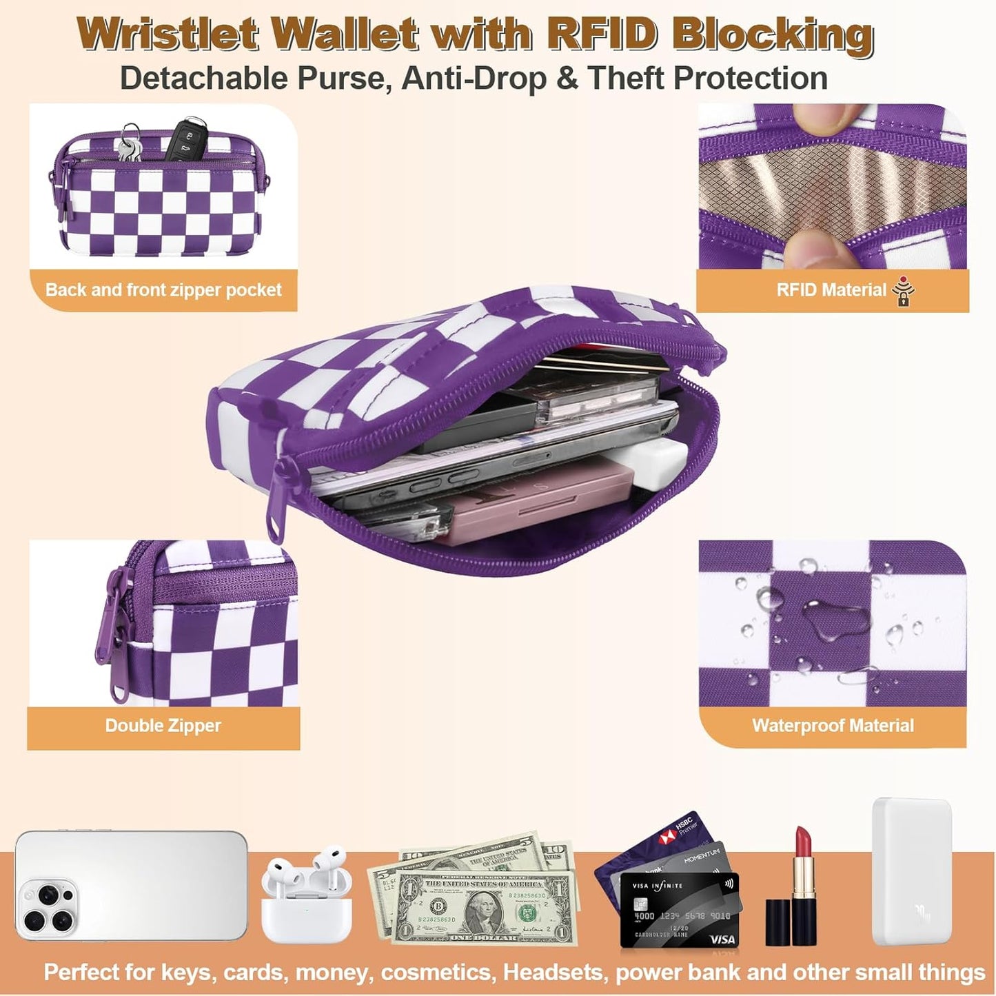 Clip and Go Strap for Phone with Wallet Crossbody, Adjustable Phone Lanyard with Detachable RFID Wristlet Wallet, Phone Strap with Phone Tabs for All Phones, Purple Checkered (L)