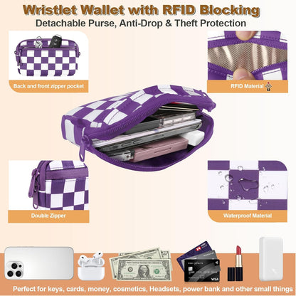 Clip and Go Strap for Phone with Wallet Crossbody, Adjustable Phone Lanyard with Detachable RFID Wristlet Wallet, Phone Strap with Phone Tabs for All Phones, Purple Checkered (L)