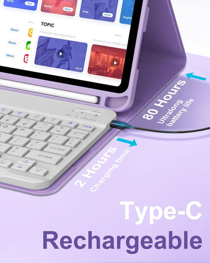 D DINGRICH Keyboard Case for iPad 10th Generation(10.9", 2022), Rechargeable Detachable Wireless BT Keyboard, Smart Folio Protective Cover with Pencil Holder for 10.9 inch Apple iPad 10th Gen, Purple