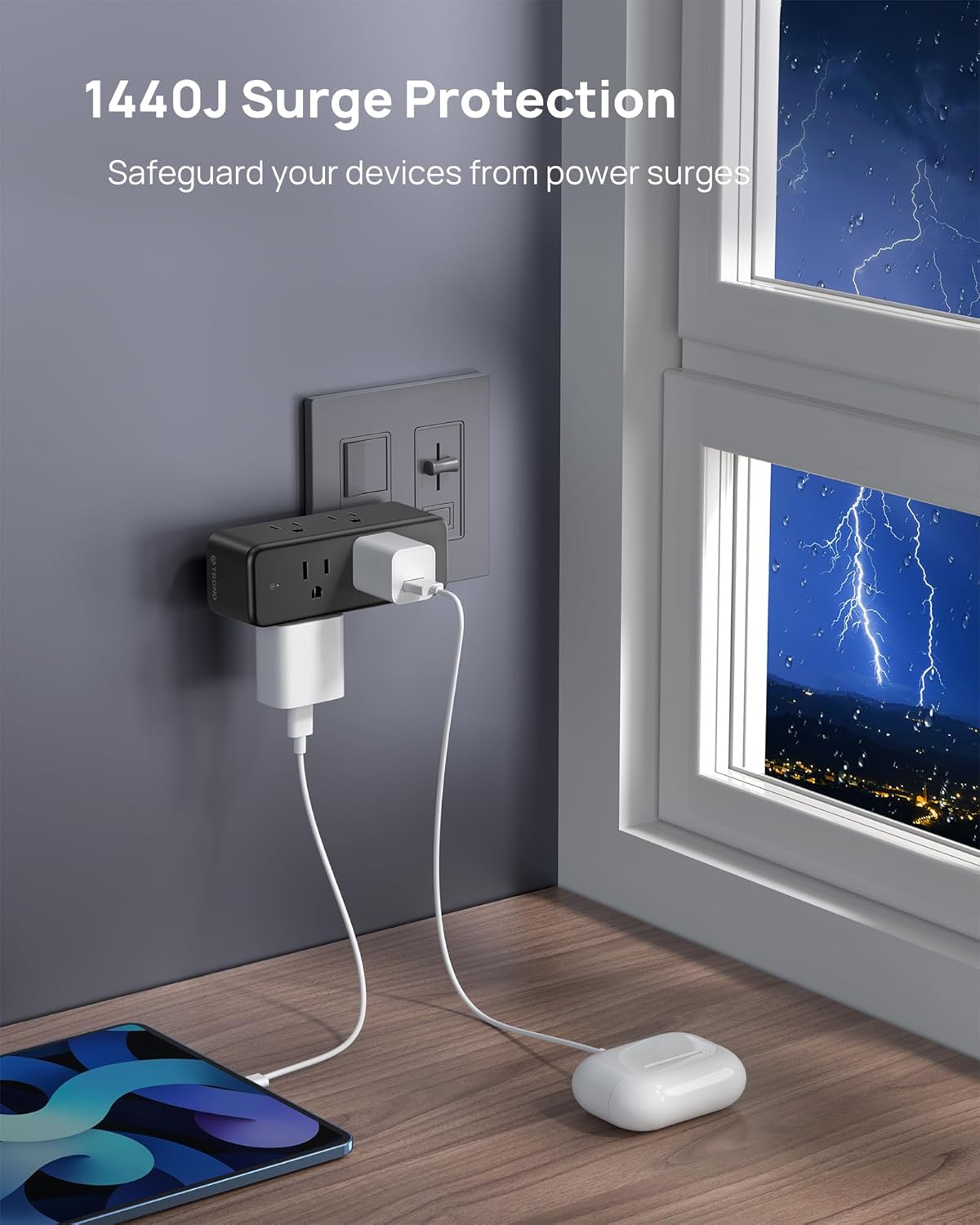 TROND Outlet Extender Surge Protector - 6 AC Outlet Splitter with 360° Rotating Plug, 1440J Multi Plug Expander, 3 Way Swivel Plug Extension Outlet, Wall Adapter for Bathroom Kitchen Travel, Black