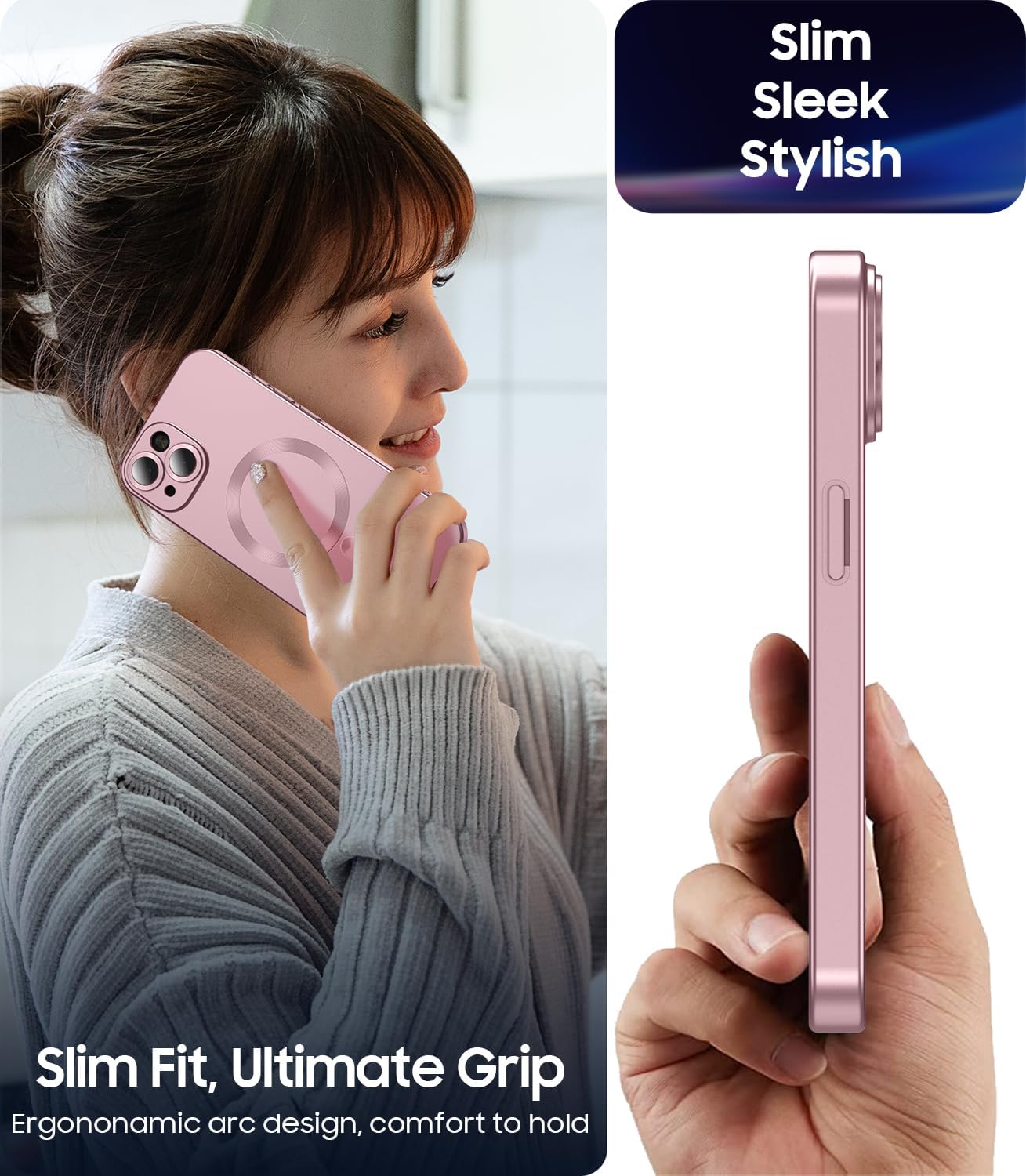 Magnetic for iPhone 14 Plus Case [Compatible with MagSafe][Built-in Camera Lens Protector] Slim Soft Silicone Bumper Shockproof Metallic Luster Phone Case (Rose Gold)