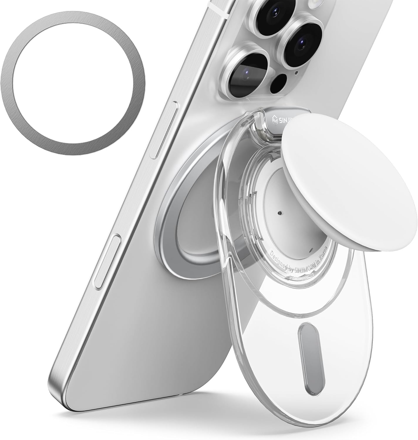 Sinjimoru Phone Grip Stand, Compatible with MagSafe, Adaptor Ring Included, 3000G Kickstand for iPhone 16/15/14/13/12. M-Tap Tok Stand Clear White