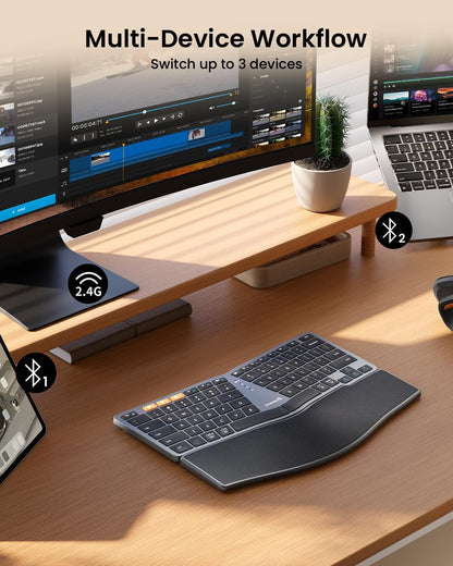 ProtoArc Bluetooth Ergonomic Keyboard, EK04 Mini Compact Wireless Ergo Split Keyboard, 80 Keys, Bluetooth and USB, Palm Rest, Natural Typing, Rechargeable, Compatible with Windows/Mac/Android