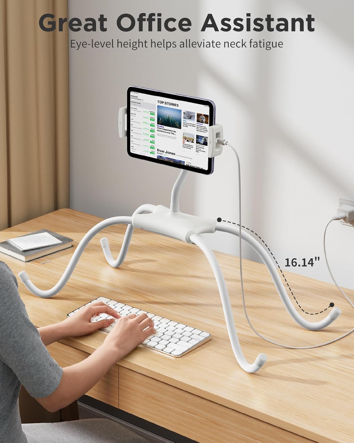 SAIJI iPad Stand, Adjustable Ergonomic Tablet Holder for Bed, Kindle Stand for Reading in Bed Fit for Tablet, Phone, Kindle, Portable Monitor, Switch and More 4.7"-17.3" Devices (White)