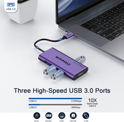 USB C Hub, QGeeM USB 4k to HDMI Adapter, 7 in 1 USB-C Dongle with 100W PD,USB 3.0, Card Reader, Compatible for MacBook iPhone 15/16 Ipad Pro max,Chromebook Laptop USB Type C Dock-Purple