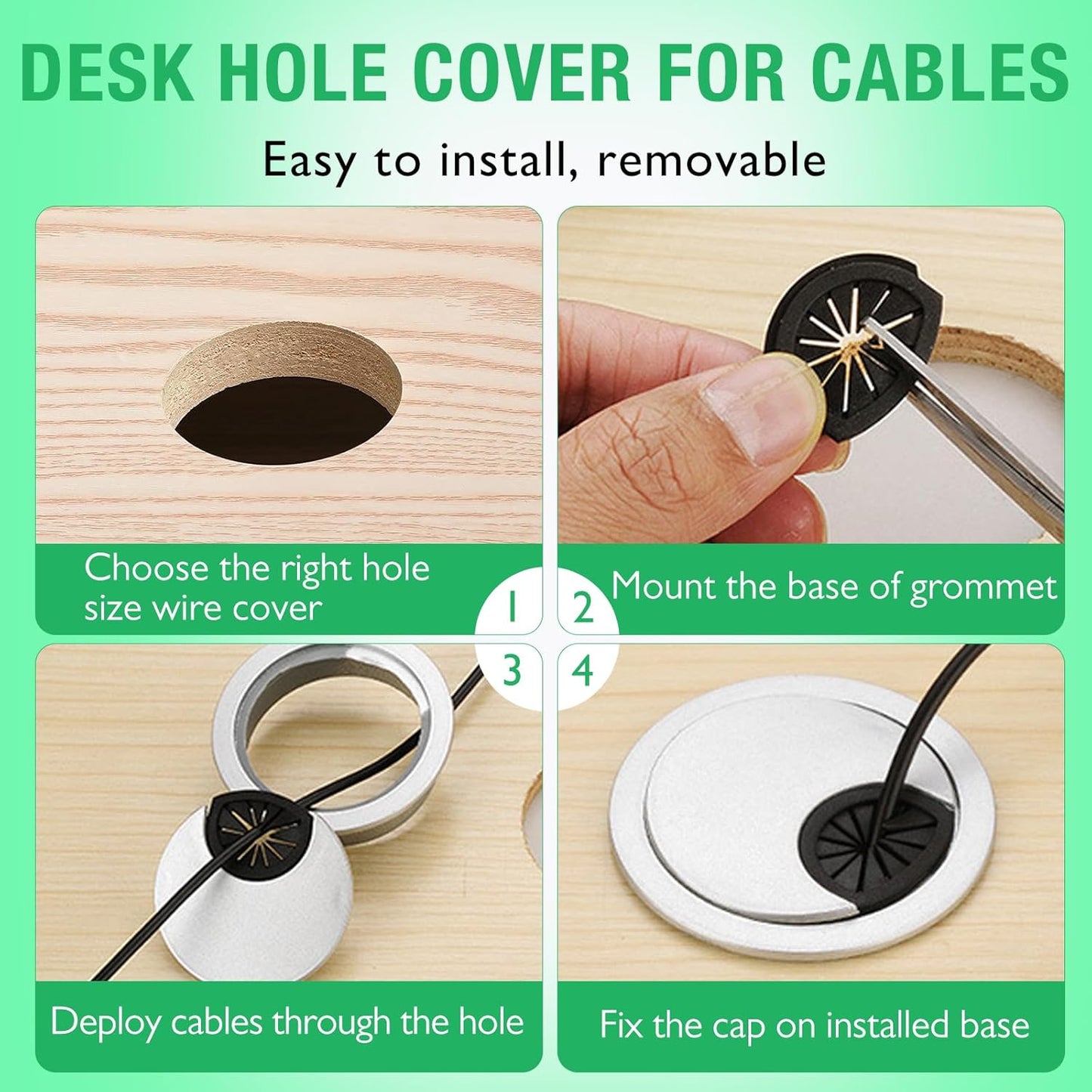 2 Pcs Desk Grommet 2-3/8" / 60 mm, Desk Cord Hole Cover, Cable Grommet ABS Plastic, Desk Hole Grommet for Home & Office Pc, Detachable Cable Cord Organizer-Silver Sand