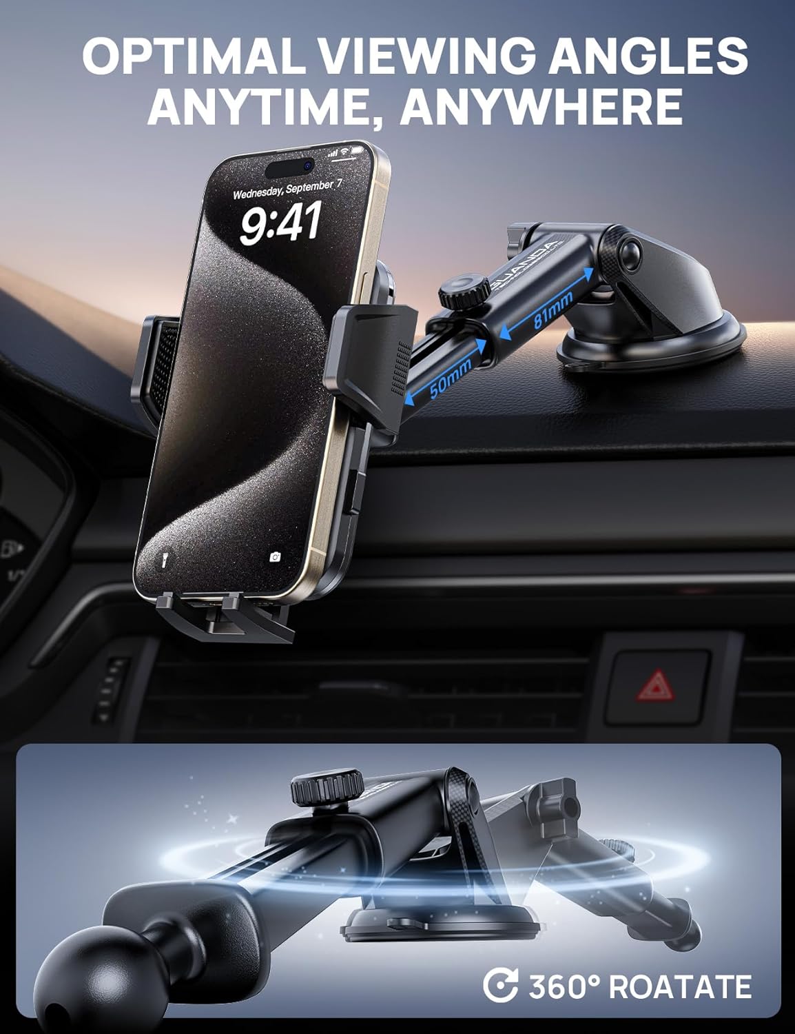 Adjustable Windshield Phone Mount for Car, Suction Cup Dashboard Holder for All Cell Phone, (+Vent Hook) [Military Grade Stable], Non-Slip Silicone Carbon Fiber, (Black)