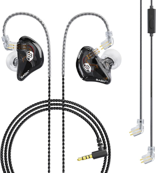 BASN Bsinger Professional in Ear Monitor Headphones, Dual Drivers 2-Pin IEM Earbuds with Mic, Clear Sound HiFi Earphones for Musicians Drummers and Stage (Black, 2-Pin)