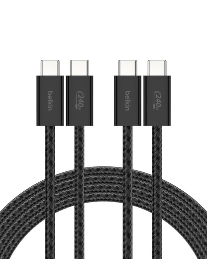 Belkin USB C to USB C Cable 2-Pack, 6.6ft, 240W - Type C Charger, iPhone Charger Cord, Soft, Braided, Flexible for iPhone 17, Galaxy S25, Pixel 10, MacBook, Chromebook, iPad Pro, Switch – Black