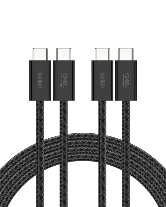 Belkin USB C to USB C Cable 2-Pack, 6.6ft, 240W - Type C Charger, iPhone Charger Cord, Soft, Braided, Flexible for iPhone 17, Galaxy S25, Pixel 10, MacBook, Chromebook, iPad Pro, Switch – Black