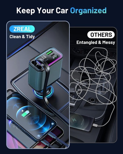 [2 Pack] 4 in 1 Retractable Car Charger with RGB Light, 92W Fast Charging USB C Car Adapter, Compact Car Phone Charger for iPhone/Galaxy/Pixel, Car Accessories for Women Men (Lightning + Type C Cable)