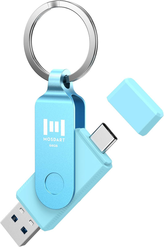 MOSDART 64GB USB3.1 Fast Speed C and A Dual Flash Drive, exFAT Memory Stick with Keychain and LED Indicator, for iPhone 15 and 16, Android Phone, iPad, MacBook, and Other Laptops, Sky Blue