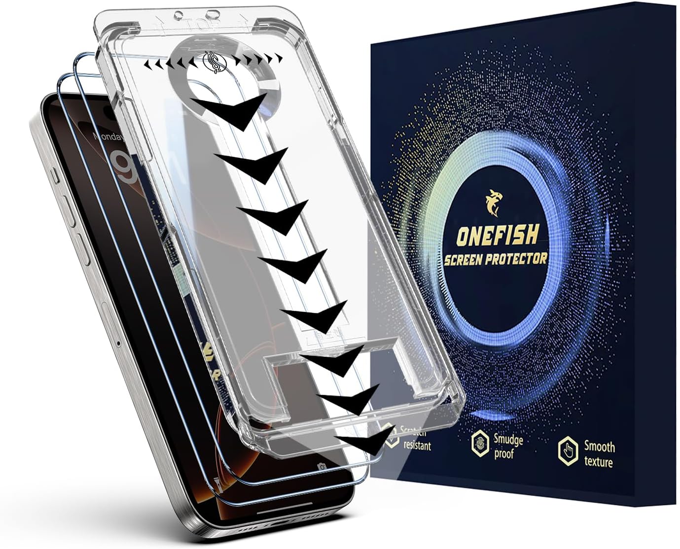 OneFish Screen Protector for Iphone 15 Pro Max, HD Clarity Tempered Glass Film 9H+ Hardness with Hassle-Free Installation Frame, Dust-Free Bubble-Free Anti-Fingerprint, 2Pack