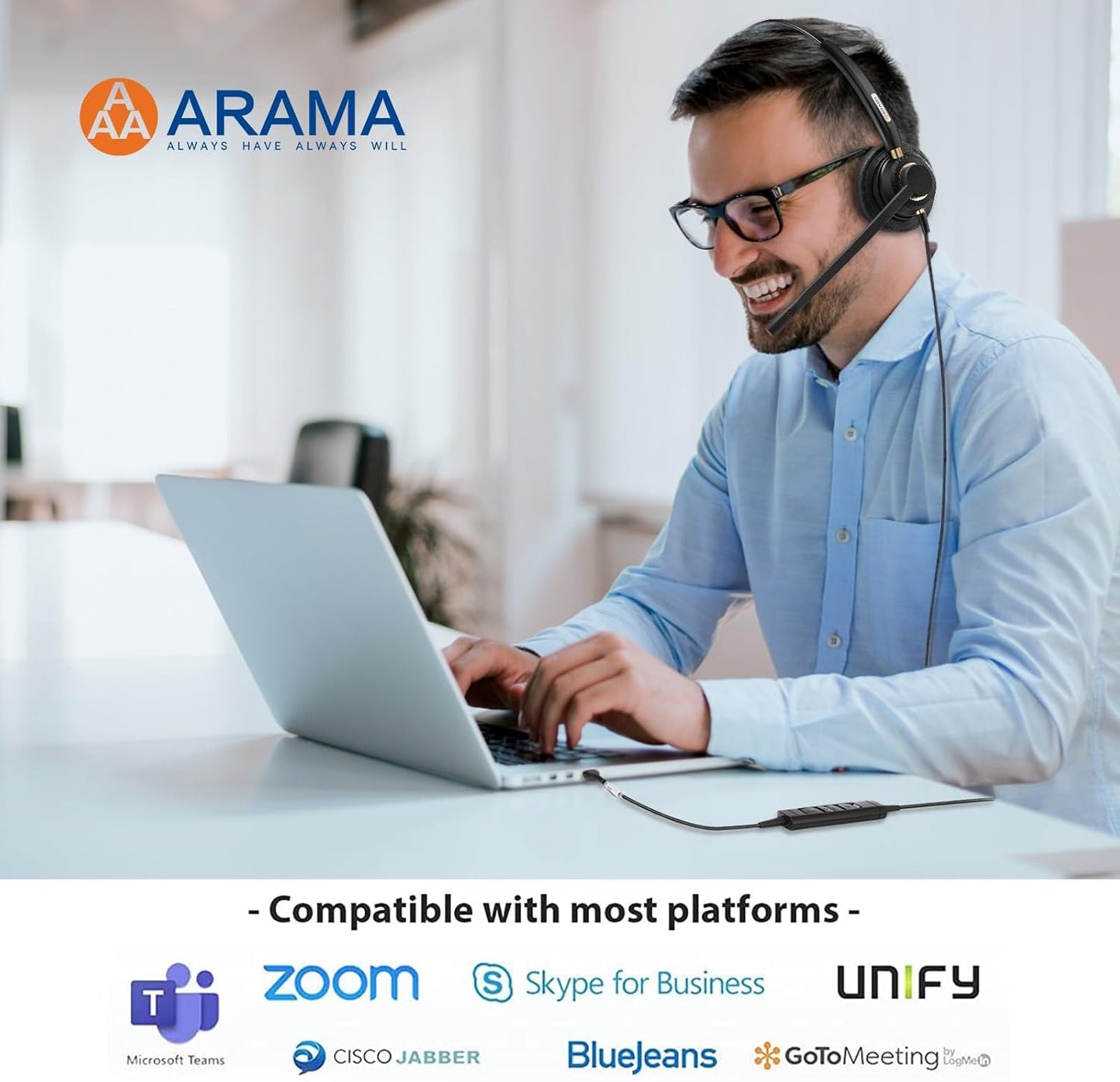 Arama USB Headset with Microphone for PC, Computer Laptop Headphones with Noise Cancelling Mic & Audio Controls for Home Office Business Skype UC Webinar Zoom