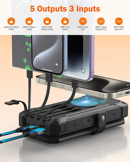 GOODaaa Solar Charger Power Bank, Portable Wireless Charger 36800mAh with Five Solar Panels Built-in Four Cable Five Outputs Outdoor Battery Pack for Cell Phone with Dual Flashlights, Carabiner