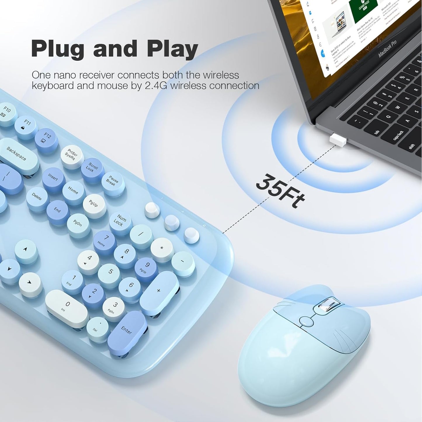 KNOWSQT Wireless Keyboard and Mouse Combo Pale Blue - Colorful 104 Key 2.4G Round Keycap Typewriter Keyboards, USB Dongle Plug and Play, for Laptop, Windows, PC, Computer, Desktop