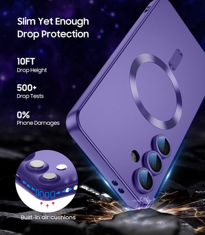 Magnetic for Samsung Galaxy S24 FE Case [Compatible with MagSafe][Built-in Camera Lens Protector] Slim Soft Silicone Bumper Shockproof Metallic Luster Phone Cover (Purple)