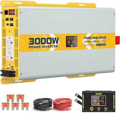 XWJNE 3000W Pure Sine Wave Power Inverter 24V DC to 120V GFCI AC Converter with LCD Display and Remote for Home, RV, Truck, Off-Grid Solar Power