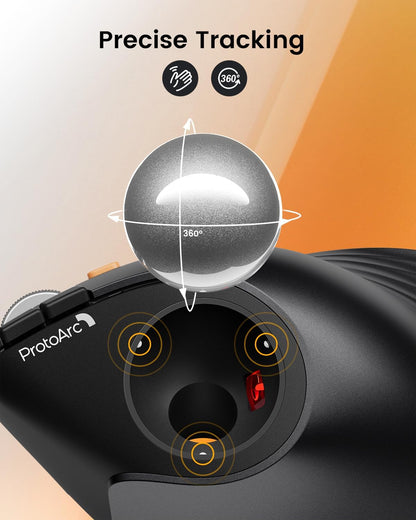 ProtoArc Vertical Wireless Trackball Mouse, EM05 NL Bluetooth Ergonomic Rollerball Mouse Rechargeable Computer Laptop Thumb Mice, 3 Device Connection, Compatible with iPad, Mac, Windows, PC-Silver