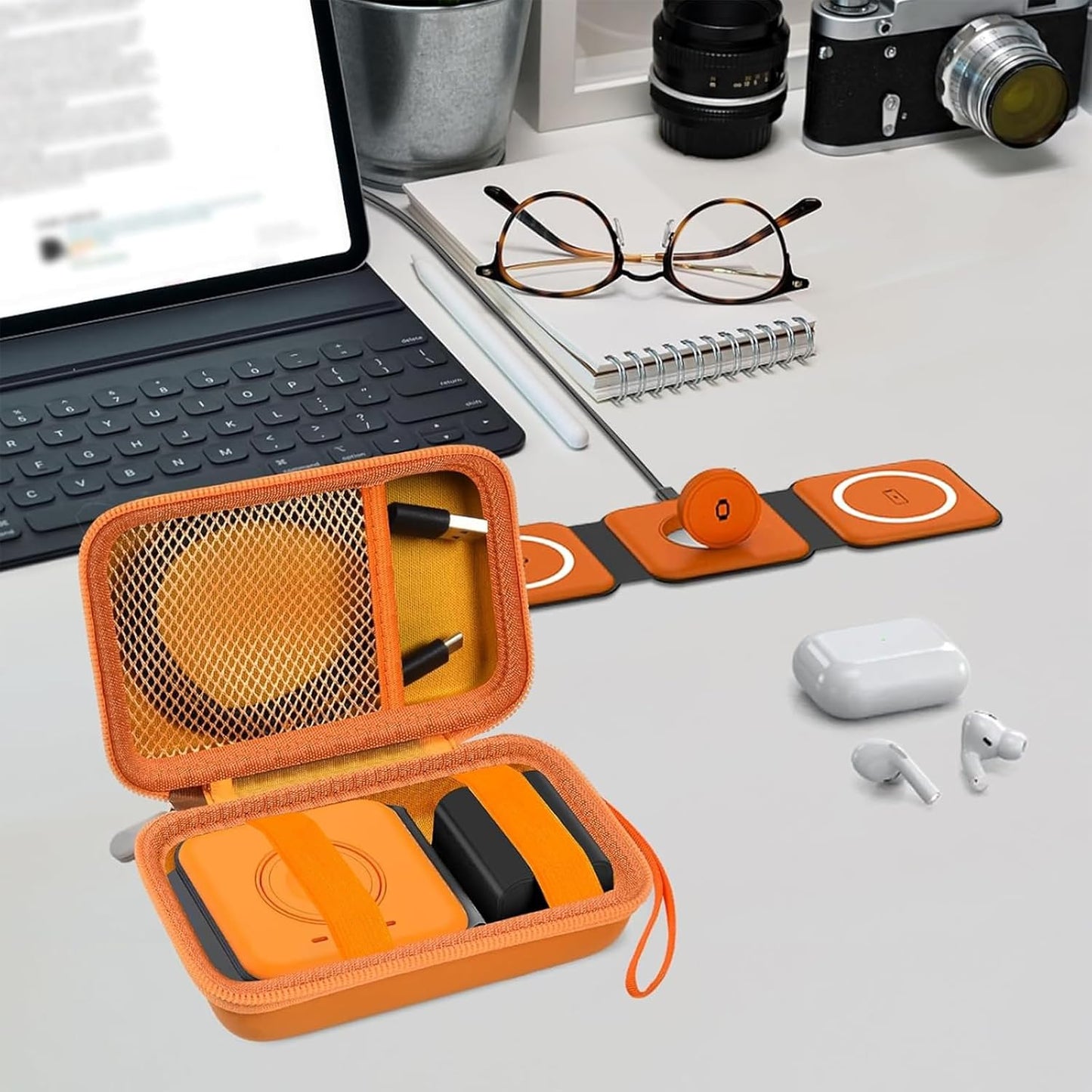 Travel Case for UCOMX for Nano/for Rtops/for Hicober/for Iseyyox 3 in 1 Wireless Charger, Foldable Magnetic Charging Station Storage Holder Bag for Fast Charge Pad Cable, Adapter, Orange-Box Only