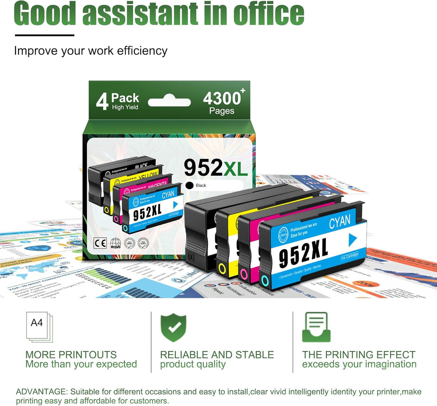 952XL High Yield Ink Cartridges Combo Pack Replacement for HP 952XL 952 Ink Cartridge Work with OfficeJet Pro 8710 7740 8720 8715 8210 8703 OfficeJet 8702 Printers (Black Cyan Magenta Yellow 4-Pack)