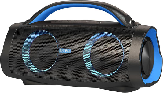 DOSS Extreme Boom Pro Loud Bluetooth Speaker with 100W Stereo Sound, Extra Bass, 20H Playtime, Party-Sync Led Lights, Built-in Power Bank, IPX6 Waterproof for Outdoor, Camping, Travel-Blue
