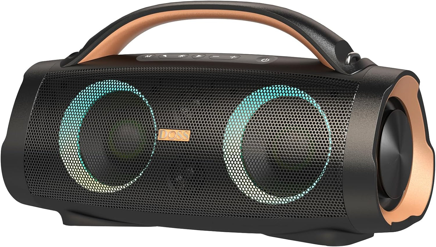 DOSS Extreme Boom+ Loud Bluetooth Speaker with 100W Stereo Sound, Extra Bass, 20H Playtime, Party-Sync Led Lights, Built-in Power Bank, IPX6 Waterproof Outdoor Speaker for Camping, Travel-Copper Gold